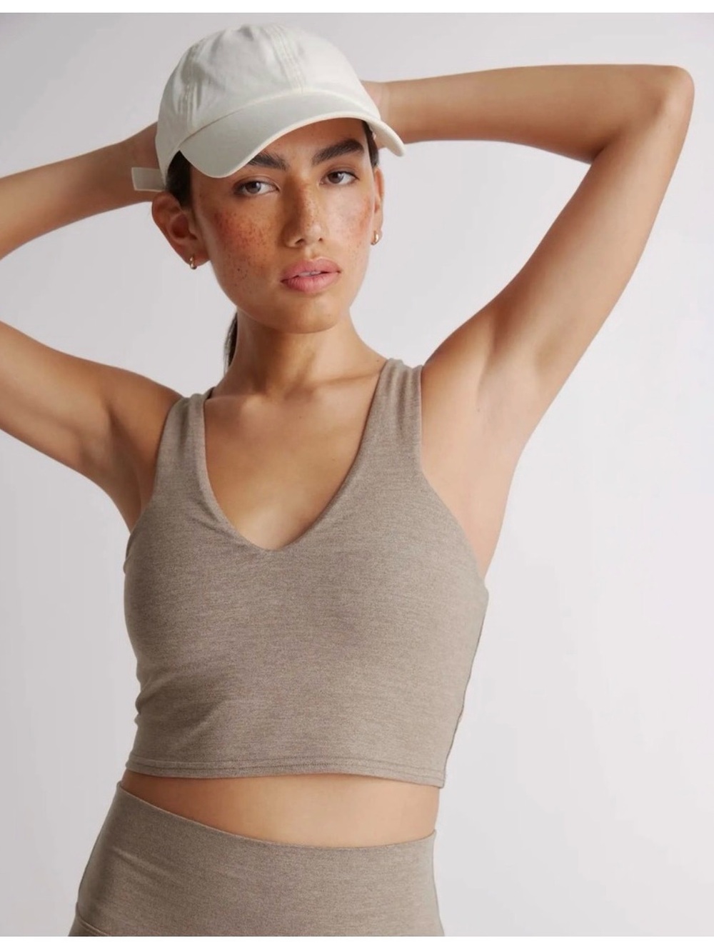 Quince Ultra Soft V-Neck Cropped Top in Heather Oatmeal